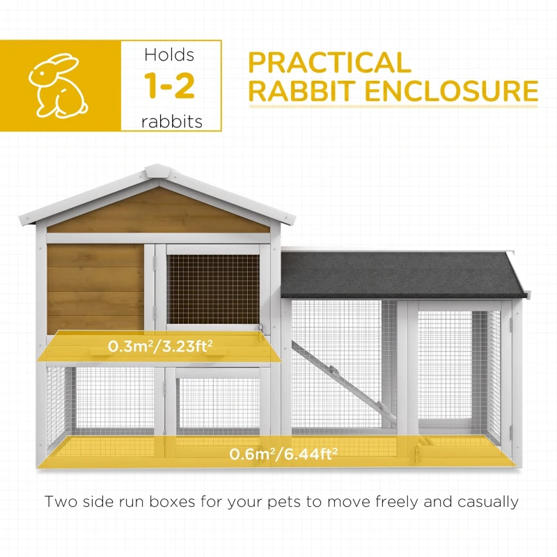 PawHut Wooden Rabbit Hutch Outdoor, Double Tier with Water-Resistant Roof, Ramp 147 x 54 x 84 cm, Yellow