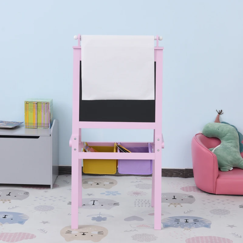 HOMCOM 3 en 1 Tableau Enfant - chevalet Enfant - Ardoise Double Face - Tableau Blanc Tableau à Craie - Rouleau Papier avec accessoires + paniers Rangement intégrés - MDF Rose