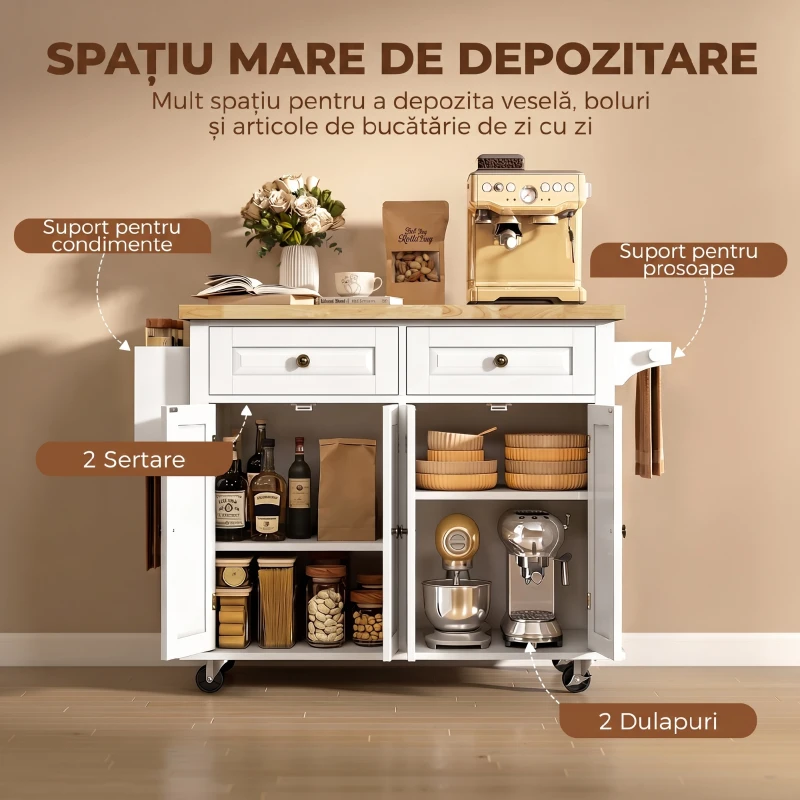 HOMCOM Insulă de bucătărie cu roți și sertare, 111 x 44,5 x 82,5 cm, alb