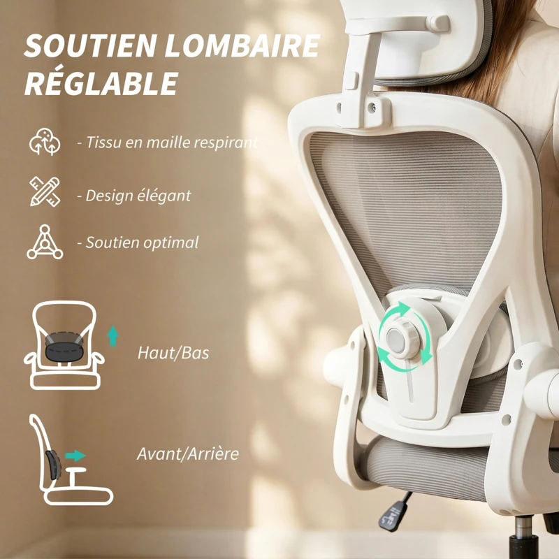 HOMCOM Chaise de Bureau Ergonomique, Fauteuil de Bureau en Maille avec Appui-Tête et Soutien Lombaire Réglables, Gris