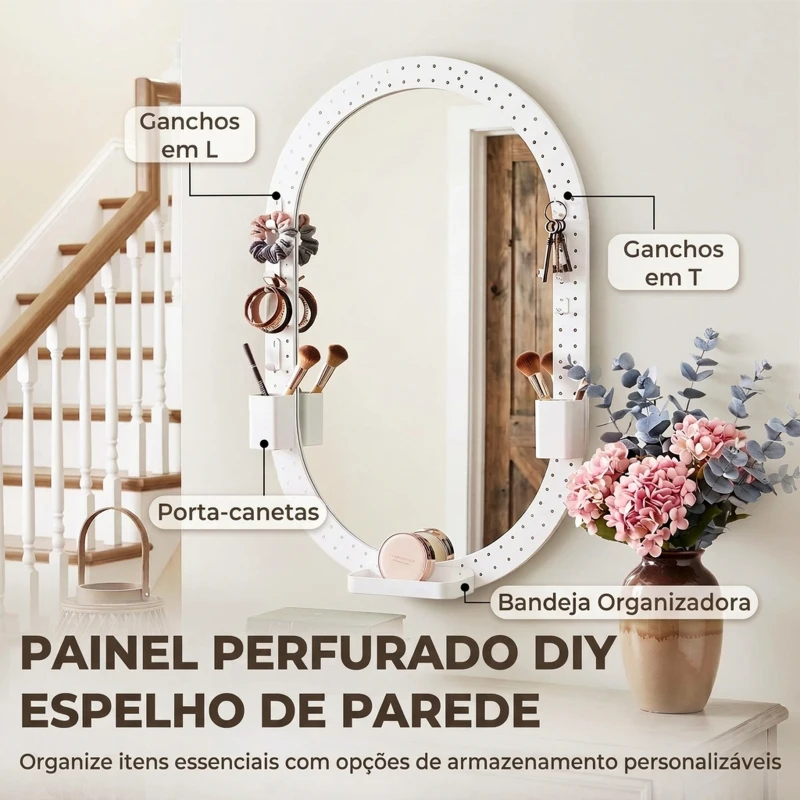 HOMCOM Espelho de Parede Decorativo com Painel Perfurado 90 x 60 cm para Sala e Quarto, Branco