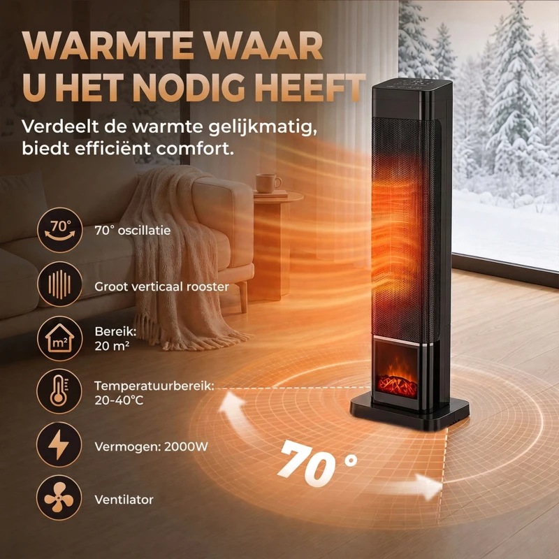 HOMCOM 2000W keramische heater met vlameffect, thermostaat en afstandsbediening, zwart