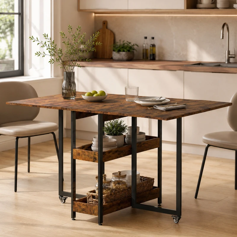 HOMCOM Mesa de Comedor Plegable en Diseño Industrial, para hasta 4 personas, estantes abiertos, flexible, Metal, Tablero de Partículas