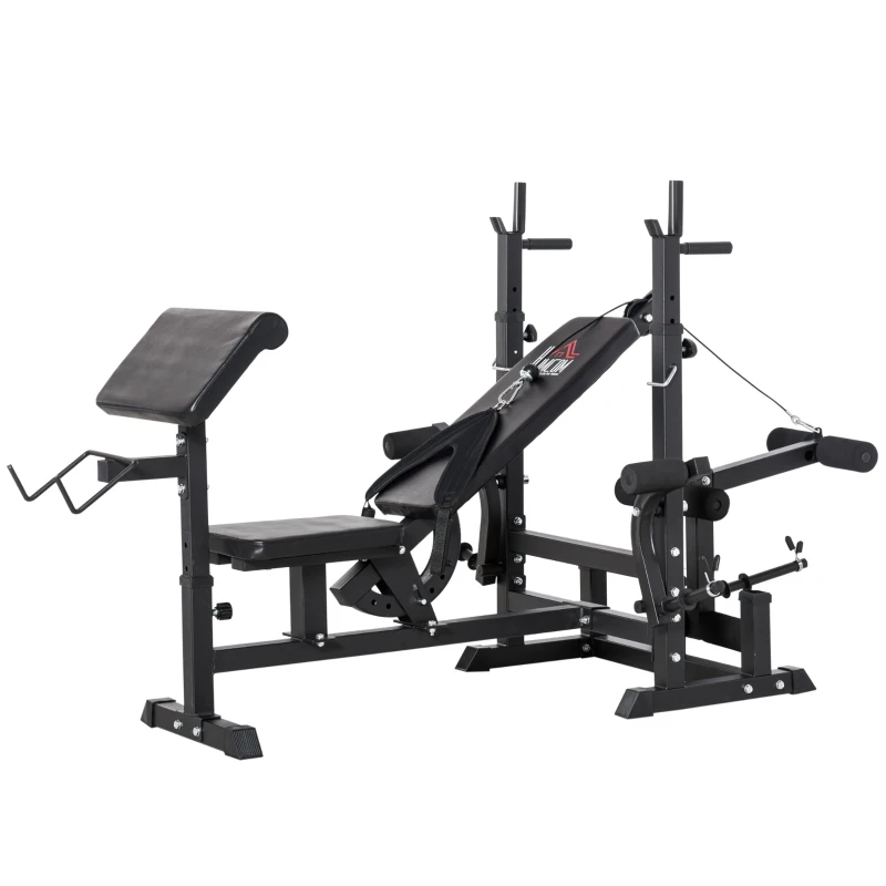 HOMCOM Weight Bench, 6 in 1 Adjustable Bench Press with Leg Extension, Barbell Rack, Preacher Curl Pad, Resistance Band, Multi-Function Home Gym Equipment for Strength Training Weightlifting