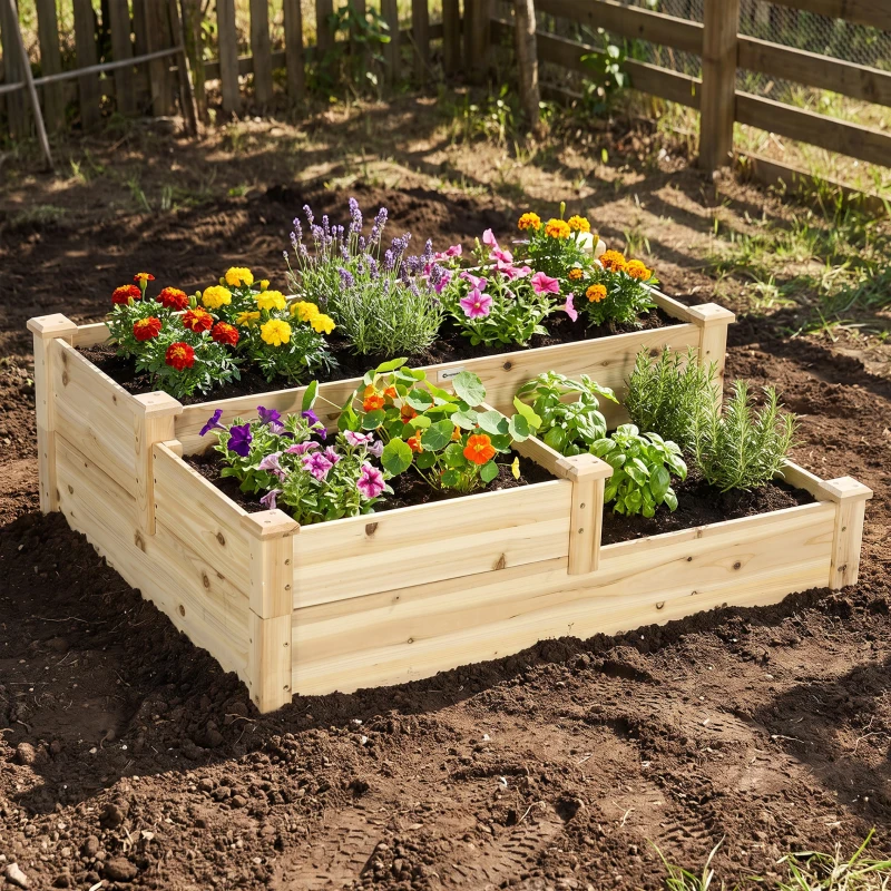 Outsunny Carré potager en bois jardinière extérieure en escalier 3 niveaux design sans fond 108 x 88 x 36 cm bois naturel