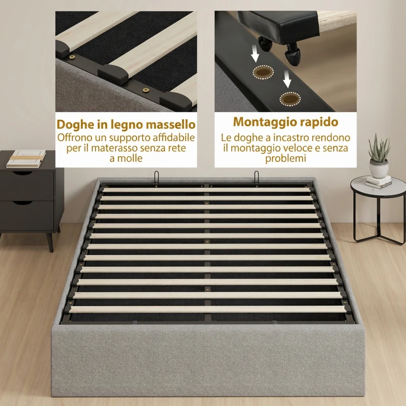 HOMCOM Letto Contenitore Matrimoniale 190x140 cm, Doghe in Legno, Pistone a Gas e Rivestimento in Tessuto, Grigio