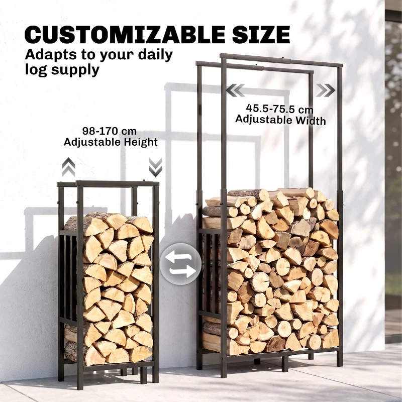 Outsunny Leñero Exterior de Acero Robusto para Leña con Ancho Alto Ajustables Carga 100 kg 45,5-75,5x25x98-170 cm Negro