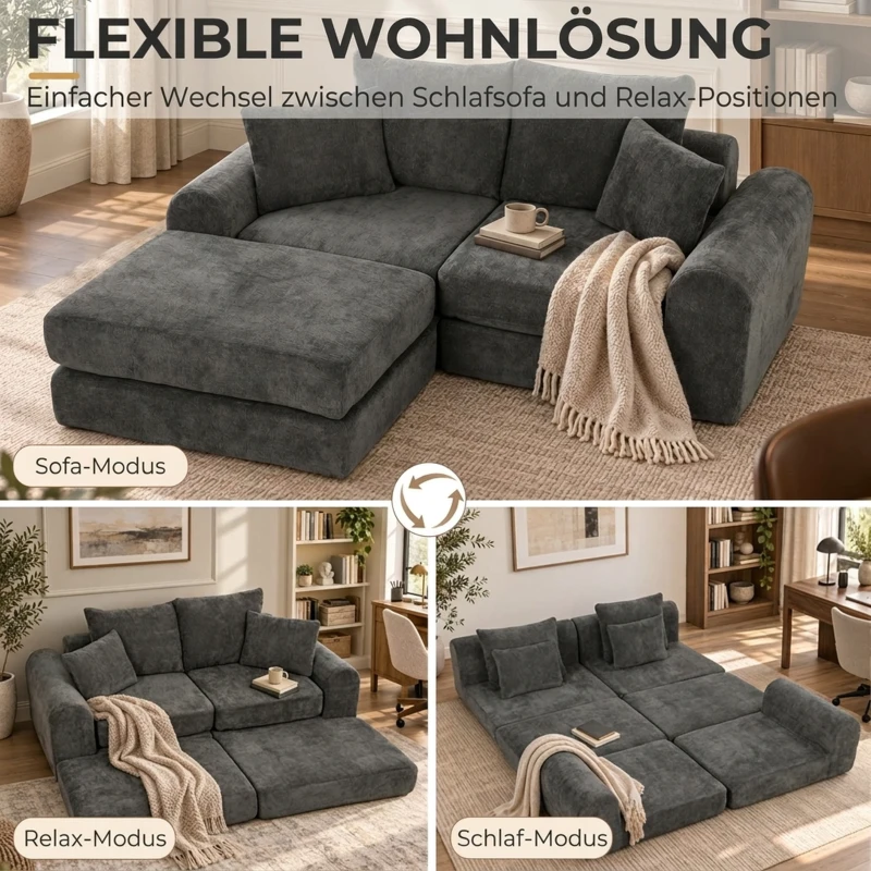 HOMCOM Modulaire hoek-slaapbank, omvormbaar, zacht design zonder harde randen, 76 cm zitdiepte, hoogdicht schuim, donkergrijs