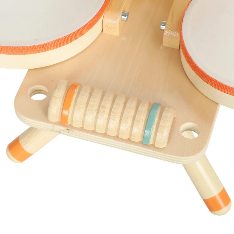 AIYAPLAY Kids Drum Kit, Wooden Musical Instruments with 2 Drums, Cymbal, Scraper, 2 Mallets for Toddlers, Music Learning, Natural