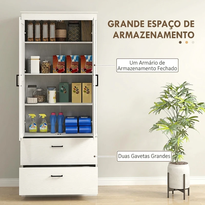HOMCOM Armário Despenseiro de Cozinha Alto com 2 Gavetas, 2 Portas e Prateleiras Ajustáveis 75x39x178 cm Creme