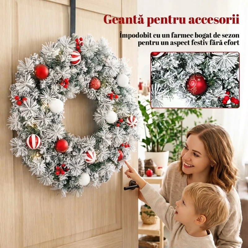HOMCOM Coroniță de Crăciun Înzăpezită, 60 cm, cu Lumini LED, 8 Moduri, 140 Ramuri, 8 Fructe Roșii și 15 Globuri Decorative, Verde