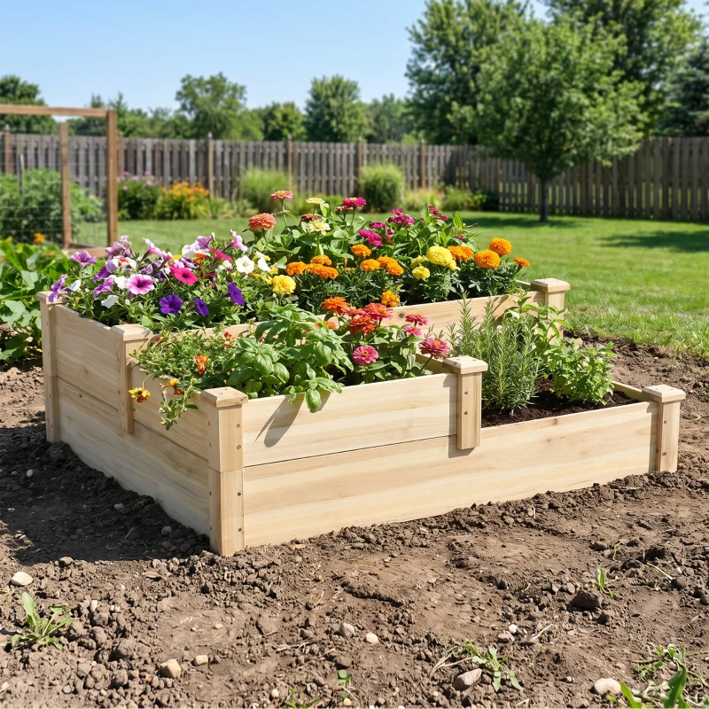 Outsunny Carré potager en bois jardinière extérieure en escalier 3 niveaux design sans fond 108 x 88 x 36 cm bois naturel