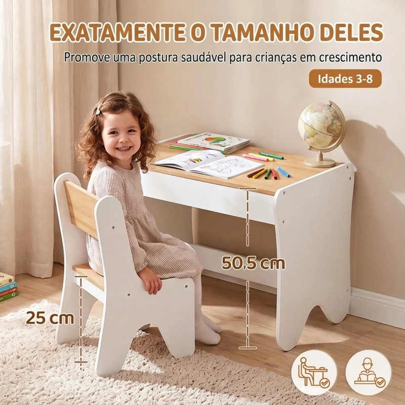 AIYAPLAY Mesa e Cadeira Infantil para Desenhar e Ler com Gaveta Branco e Madeira