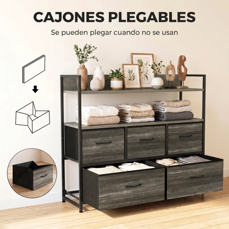 HOMCOM Cajonera de Tela Cómoda de Dormitorio con 5 Cajones y Estantes Estructura de Acero Estilo Industrial Gris