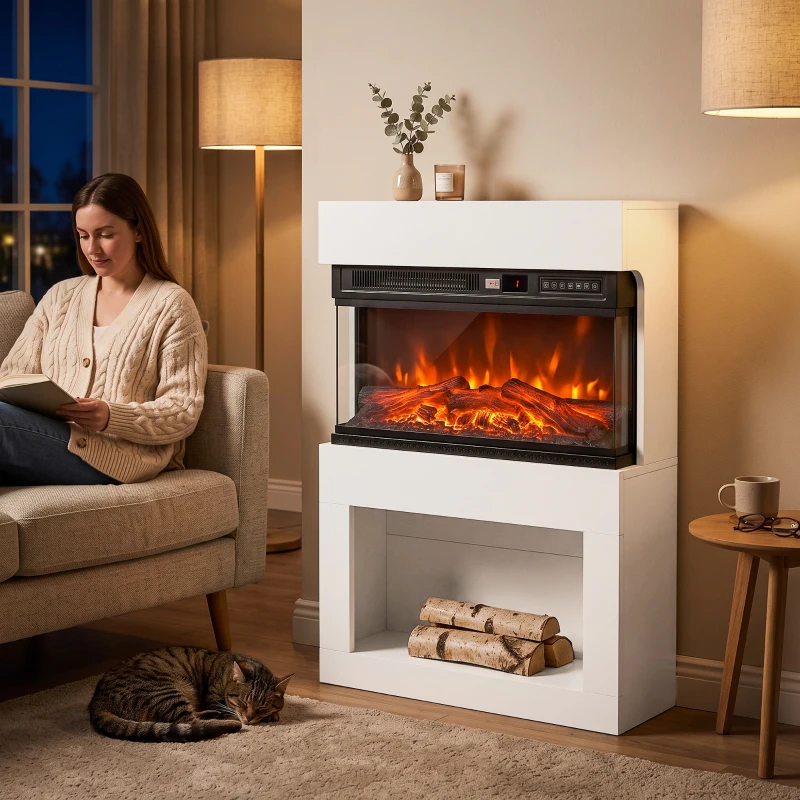 HOMCOM Elektrokamin 3D Flammeneffekt Wandkamin elektrisch Kaminsims 64 cm Weiß