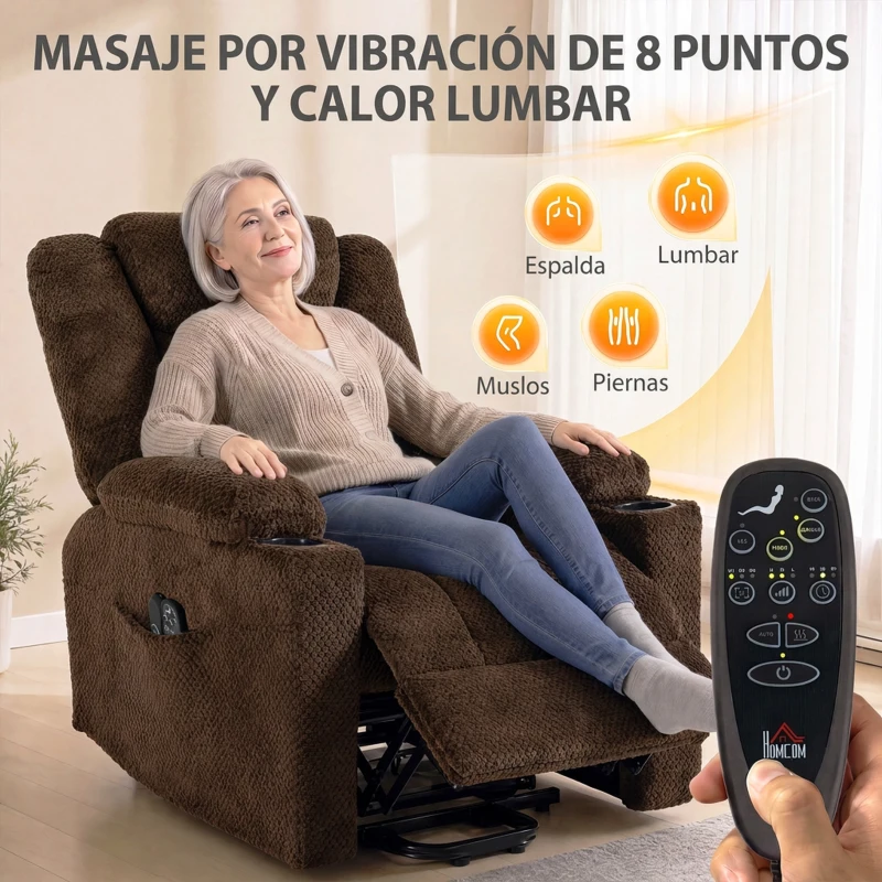 HOMCOM Sillón Relax Reclinable Eléctrico Levanta Personas Mayores con Masaje Calor Portavasos Mando Bolsillos Marrón Oscuro