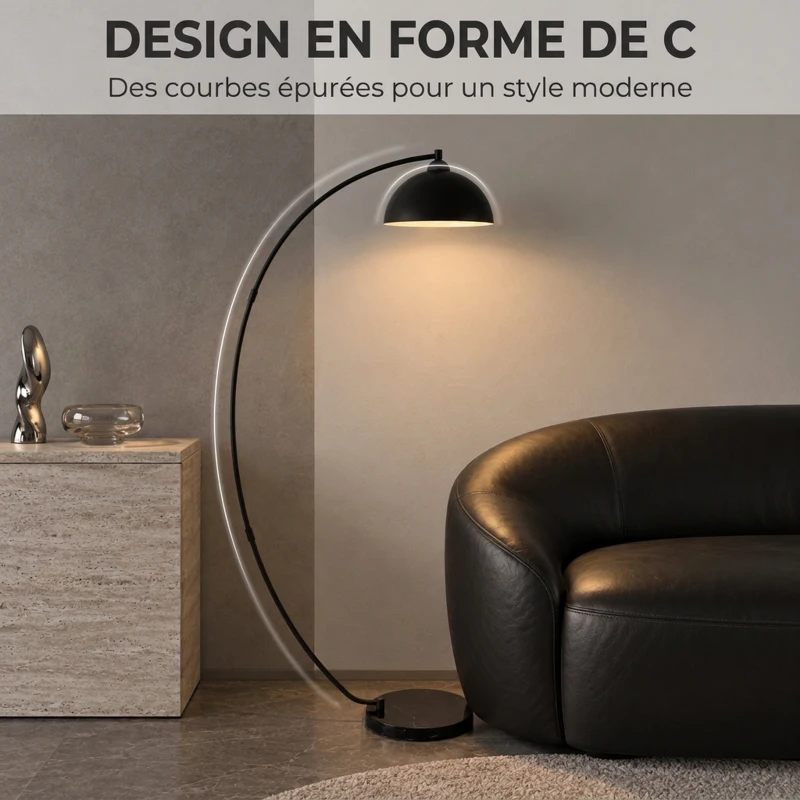 HOMCOM Lampadaire en C, Lampe Sur Pied Salon 178H cm, Abat‑Jour Réfléchissant, Interrupteur au Pied, Base en Marbre, Noir
