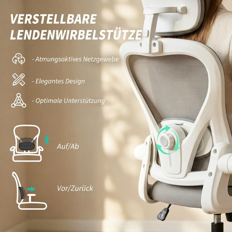 HOMCOM Bürostuhl Ergonomischer Schreibtischstuhl mit Hochklappbaren Armlehnen, Verstellbarer Lendenwirbelstütze Grau