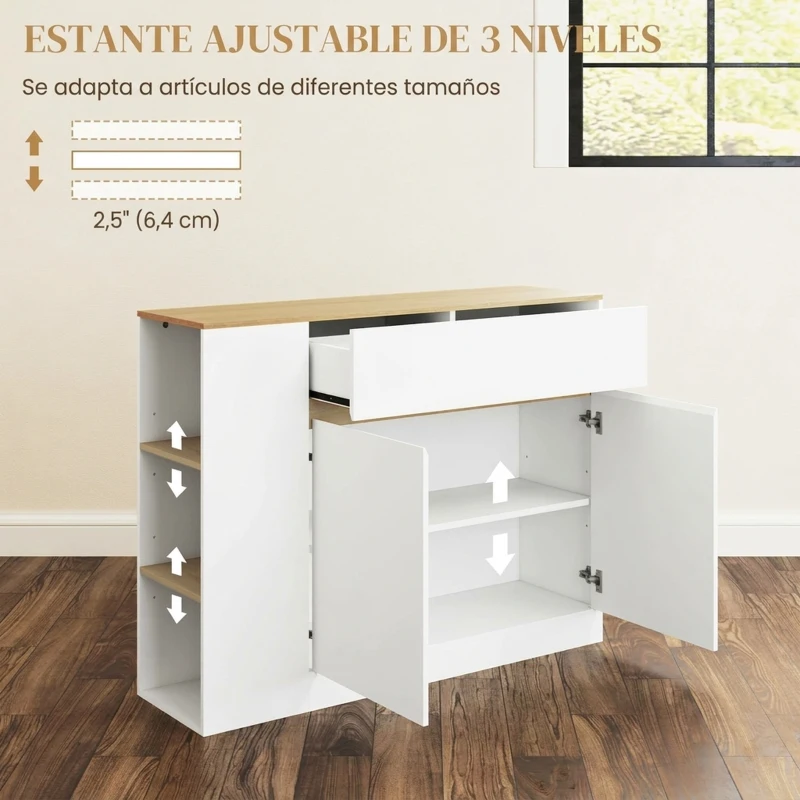 HOMCOM Mueble de Almacenamiento Aparador amplio compartimento de armario 3 estantes cajón 105x30x81,5 cm Blanco/Madera