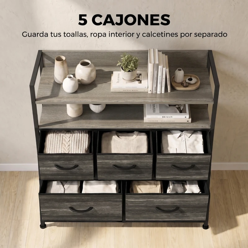 HOMCOM Cajonera de Tela Cómoda de Dormitorio con 5 Cajones y Estantes Estructura de Acero Estilo Industrial Gris