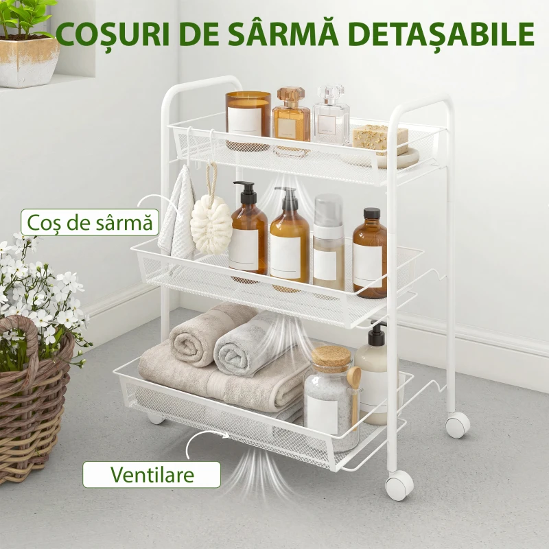 HOMCOM Cărucior de bucătărie cu 3 niveluri, coșuri detașabile și 4 roți, din oțel și plastic PP, 41,5 x 26,5 x 63 cm, alb