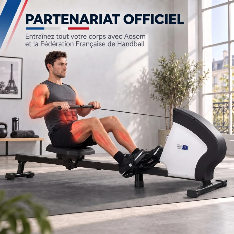Rameur d'appartement pliable - Aosom.fr x FFHandball - 8 niveaux de résistance magnétique, écran LCD - acier noir blanc