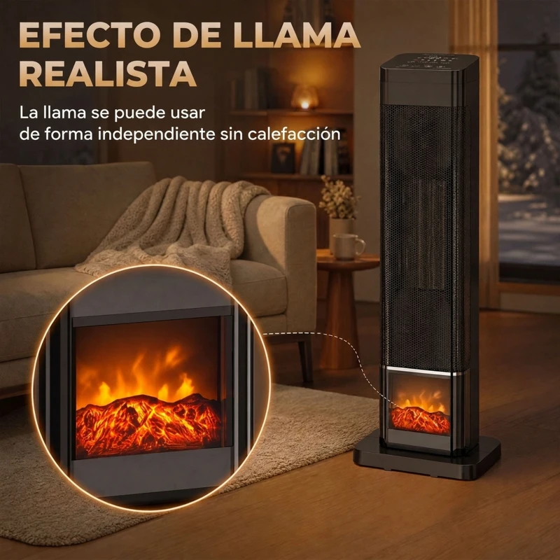 HOMCOM Calefactor Eléctrico Cerámico PTC 2000W con 4 Modos Llama Dinámica Mando Oscilación 70° Protección Sobrecalentamiento