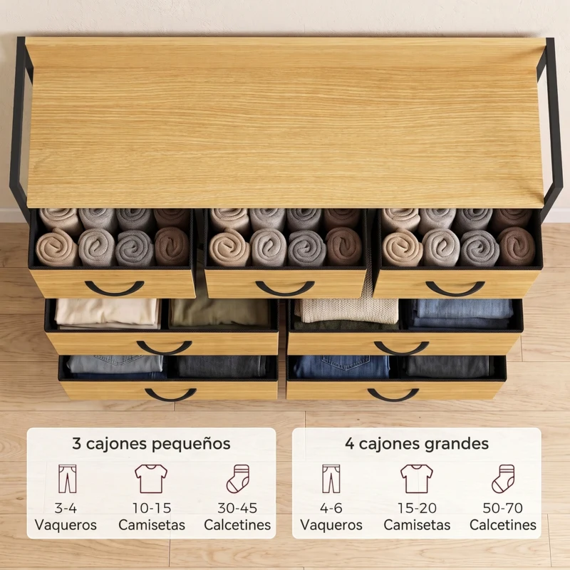HOMCOM Cajonera de Tela Cómoda de Dormitorio con 7 Cajones Estructura de Acero para Sala de Estar Pasillo Roble