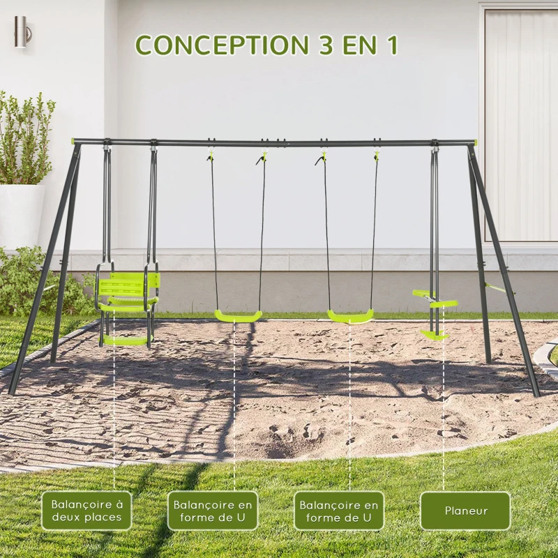 Outsunny Balançoire 4 agrès portique avec balançoire - dim. 3,55L x 1,84l x 1,86H m métal époxy anticorrosion PE Gris
