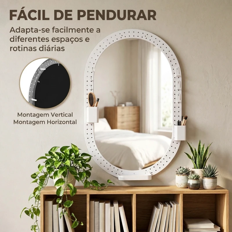 HOMCOM Espelho de Parede Decorativo com Painel Perfurado 90 x 60 cm para Sala e Quarto, Branco