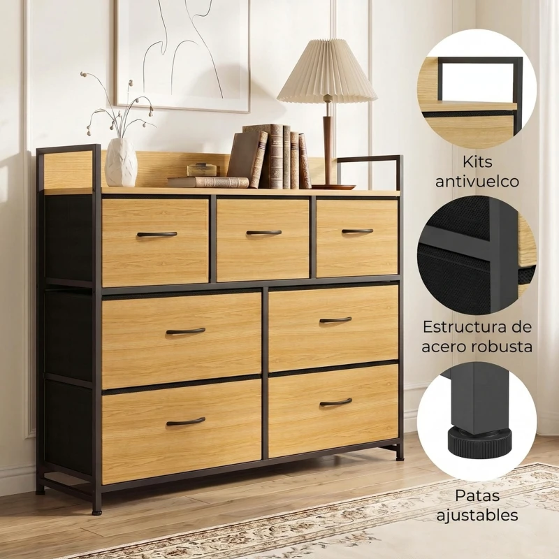 HOMCOM Cajonera de Tela Cómoda de Dormitorio con 7 Cajones Estructura de Acero para Sala de Estar Pasillo Roble