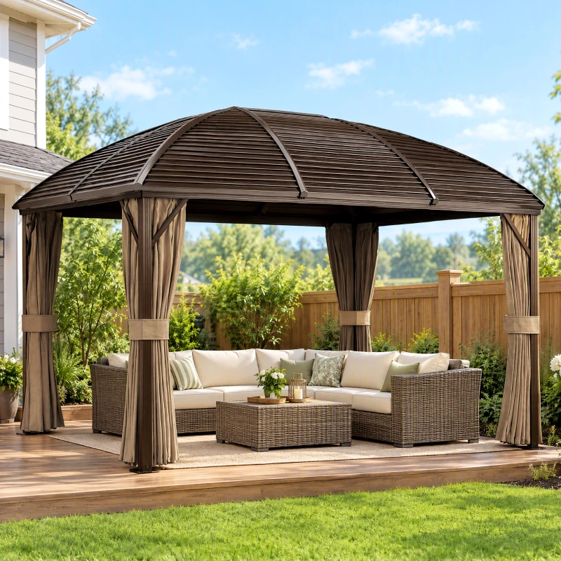 Outsunny Gartenpavillon, Partyzelt, Festzelt, 4 x Doppel-Seitenteile, wasserdicht, 2 Laternenhaken, ca. 4 x 3 x 2,8 m, Braun(m-2)