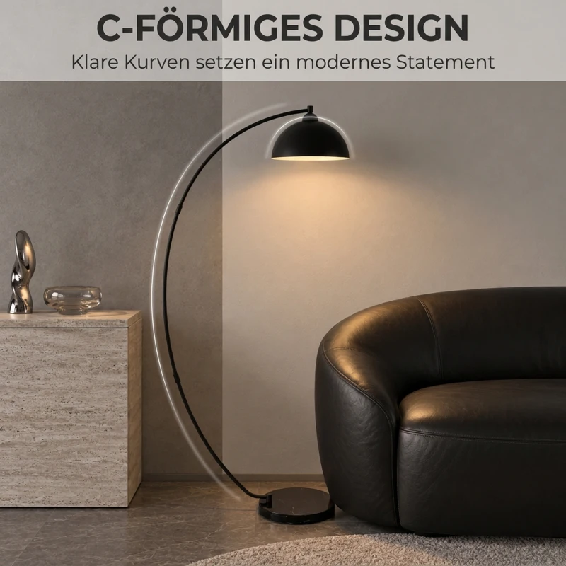 HOMCOM C-förmige Stehlampe, moderne Bogenlampe mit schalenförmigem Reflektorschirm, Fußschalter und Marmorsockel, Schwarz