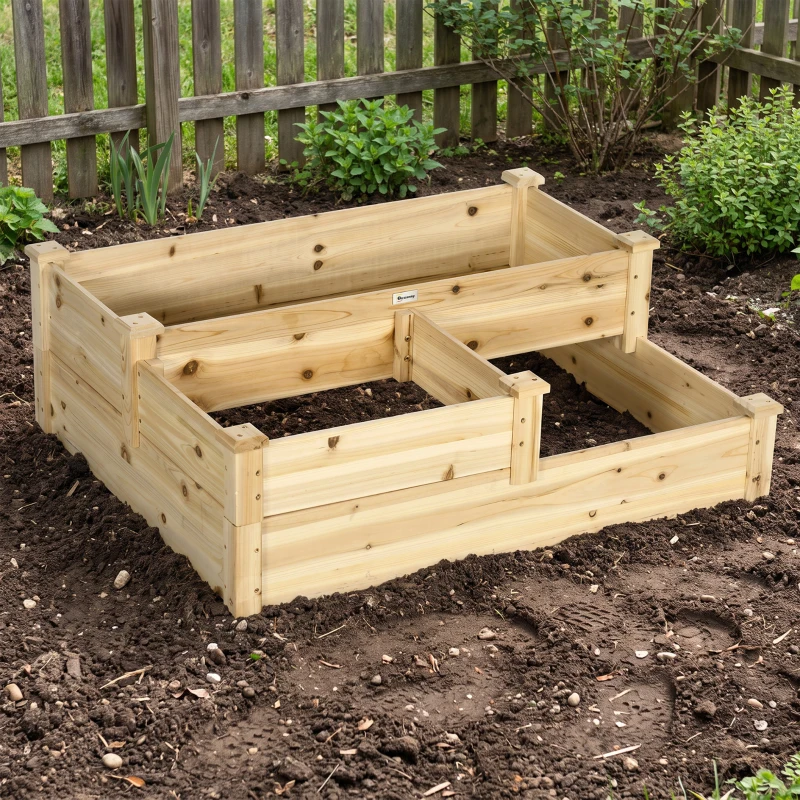 Outsunny Carré potager en bois jardinière extérieure en escalier 3 niveaux design sans fond 108 x 88 x 36 cm bois naturel