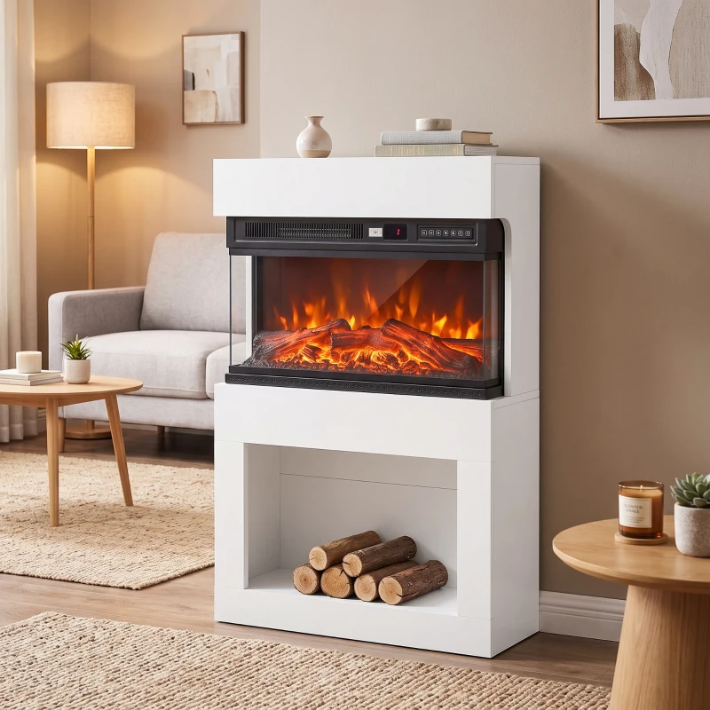 HOMCOM Elektrische wandhaard met 3D-vlameffect, schouwplank, 64 cm, wit