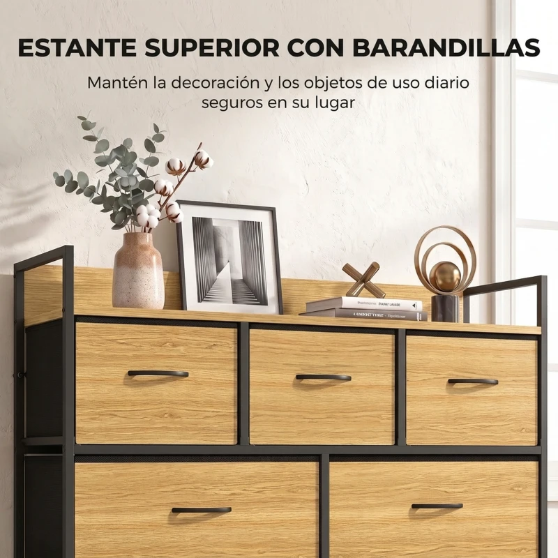 HOMCOM Cajonera de Tela Cómoda de Dormitorio con 7 Cajones Estructura de Acero para Sala de Estar Pasillo Roble