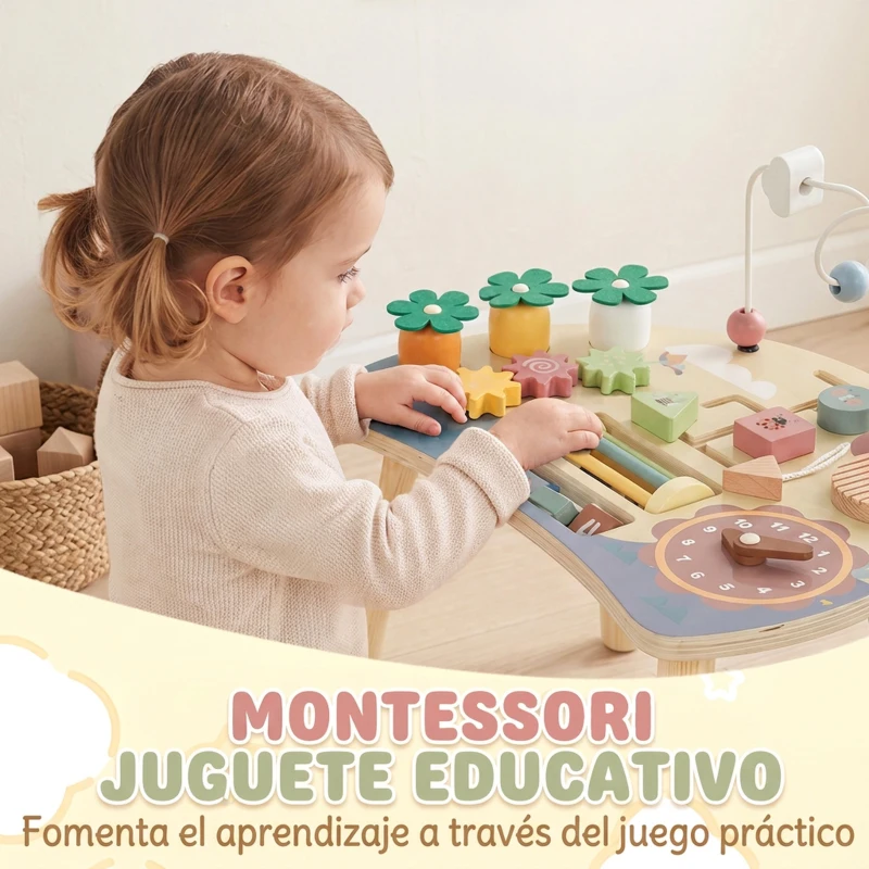 AIYAPLAY Mesa de Actividades para Bebé 1-3 Años 6 en 1 Montessori con Engranajes Laberinto de Cuentas Reloj Giratorio Zanahorias