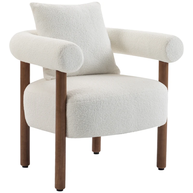HOMCOM Poltrona em Tecido Teddy para Sala com Almofada Lombar, Assento Espesso e Estrutura em Madeira, Creme