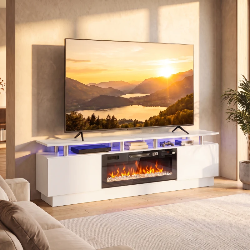 HOMCOM Meuble TV avec Cheminée Électrique 203cm avec Éclairage LED Fausse Cheminée Décorative 900/1800W Effet Flamme 3D Blanc