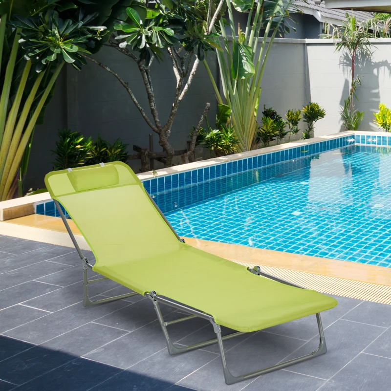 Outsunny Bain de soleil transat chaise longue inclinable pliable avec oreiller dossier réglable sur 5 niveaux vert