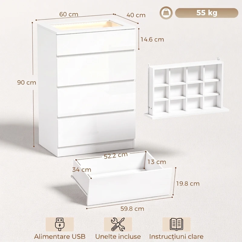 HOMCOM Comodă Modernă cu 4 Sertare și Lumini LED, 60x40x90 cm, Albă