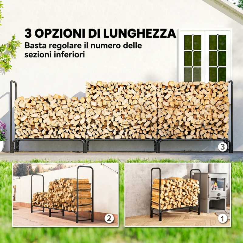 Outsunny Portalegna da 1m³ Regolabile con Telo Impermeabile in PE, in Metallo, 300x36x99 cm, Nero e Verde Scuro