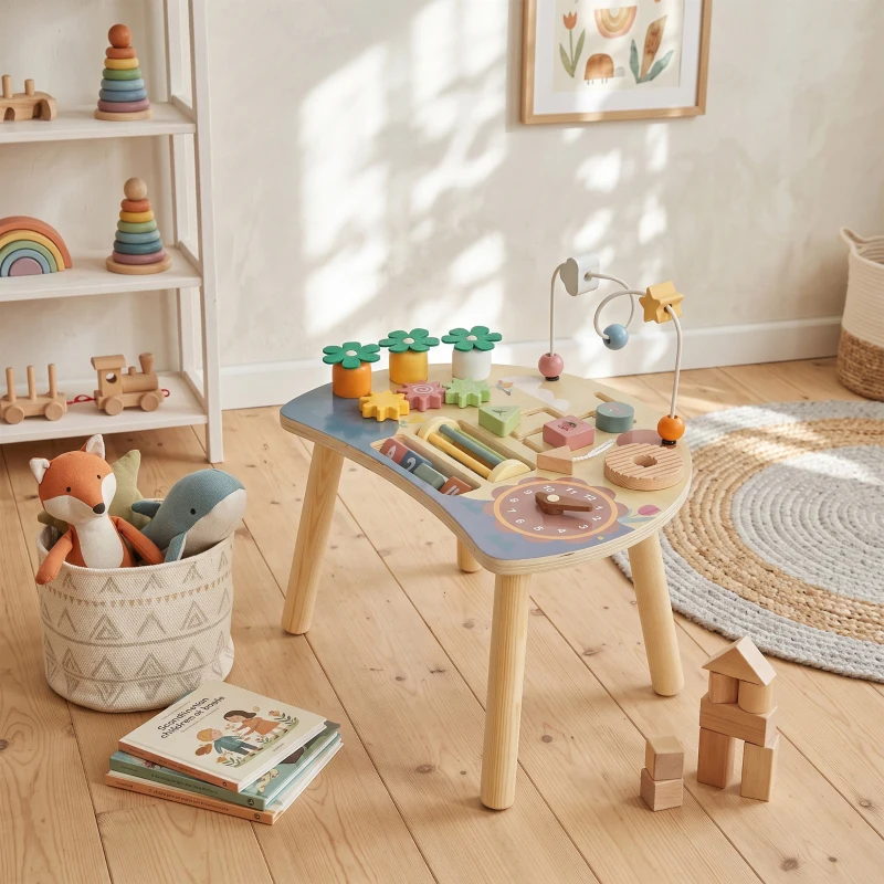 AIYAPLAY Mesa de Atividades em Madeira para Bebé 1-3 Anos, Montessori 6 em 1 com Engrenagens, Labirinto de Contas e Relógio