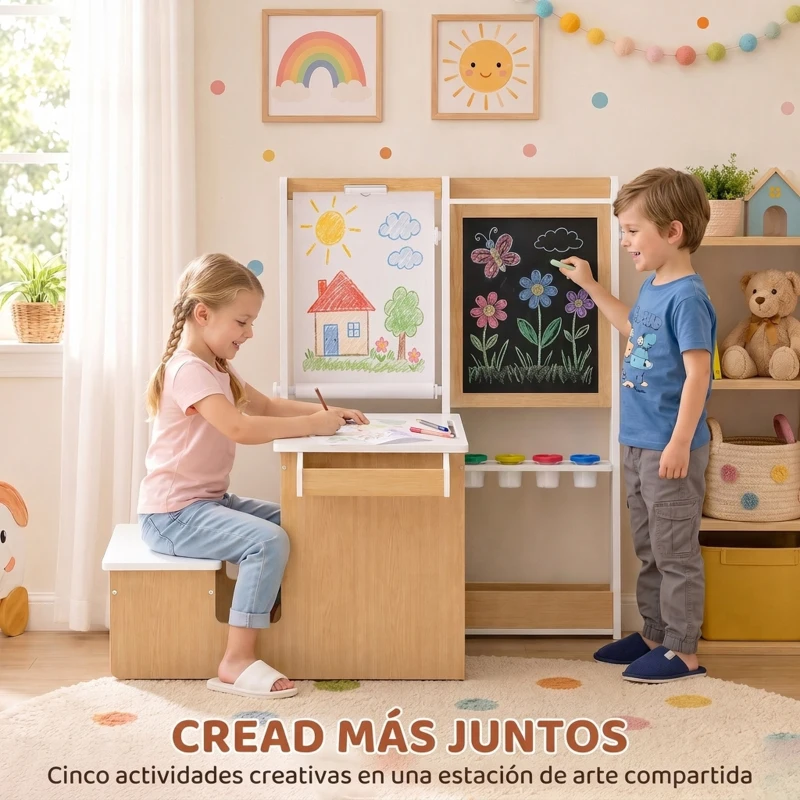 AIYAPLAY Mesa Infantil con Silla 5 en 1 con Pizarra Negra/Blanca y Rollo de Papel Almacenaje 4 Vasos de Pintura 3-8 Años Blanco