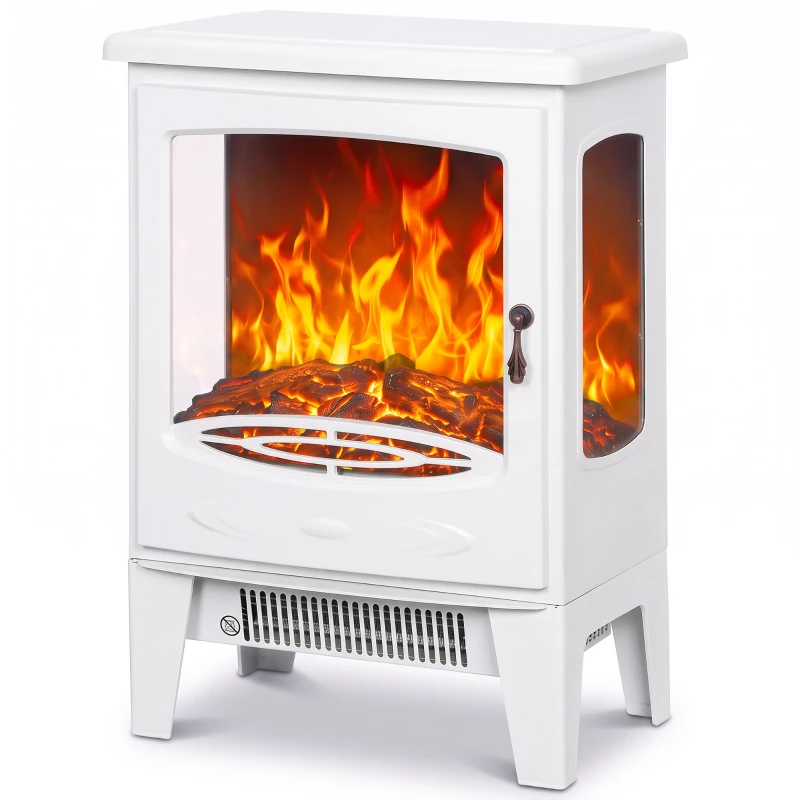HOMCOM 900W/1800W Freestanding Electric Fireplace, Room Heater with Adjustable Artificial Flame, 3-Sided Tempered Glass, White