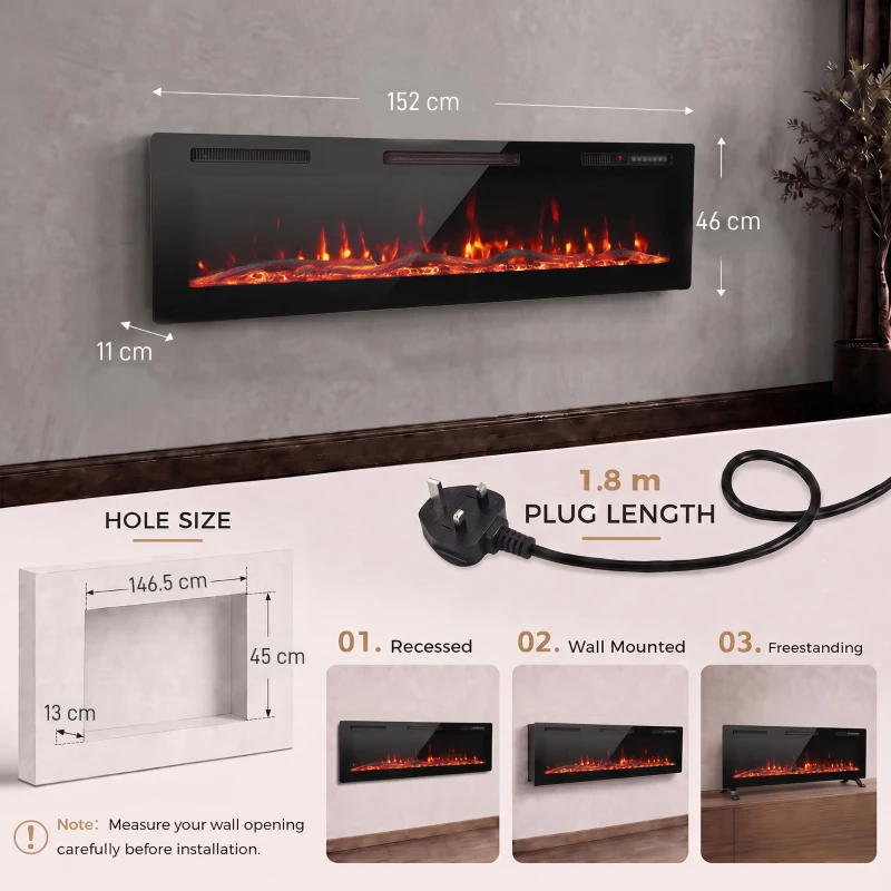 HOMCOM 3 IN 1 Slim Electric Fire, Wall Mounted/Recessed/Freestanding, Electric Fireplace with 12 Flame Colours, 5 Brightness
