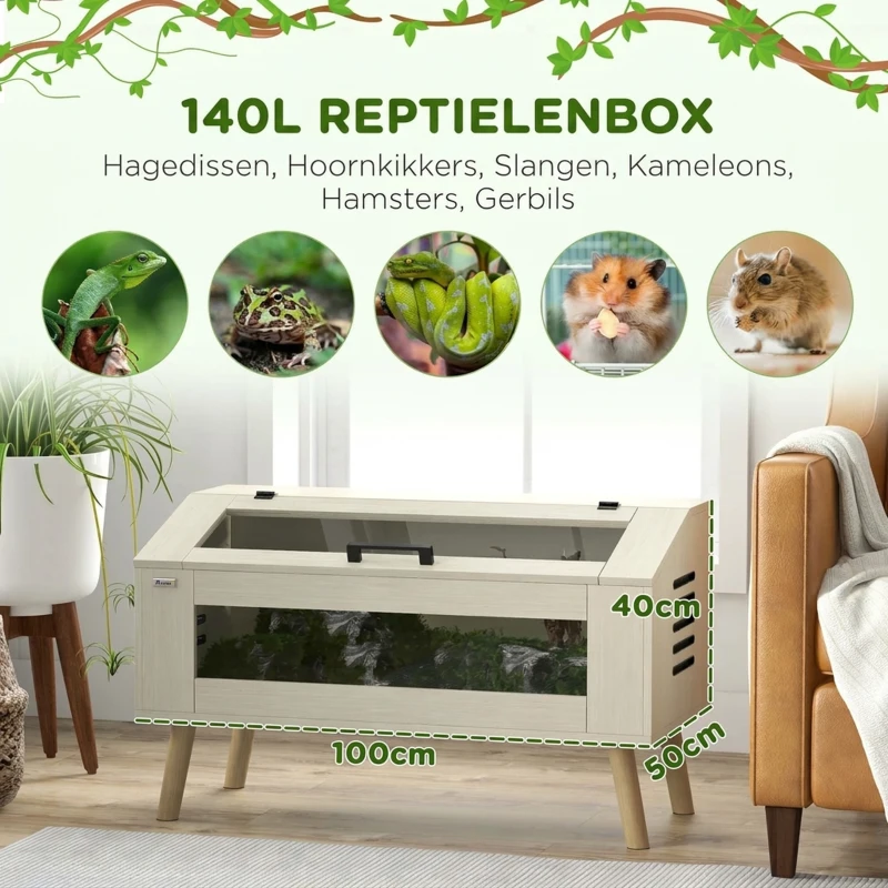 PawHut Reptielencontainer, Terrarium voor Hagedissen, 140 Liter, Geschikt voor Verwarmingsmat, met Glazen Vensters(m-4)