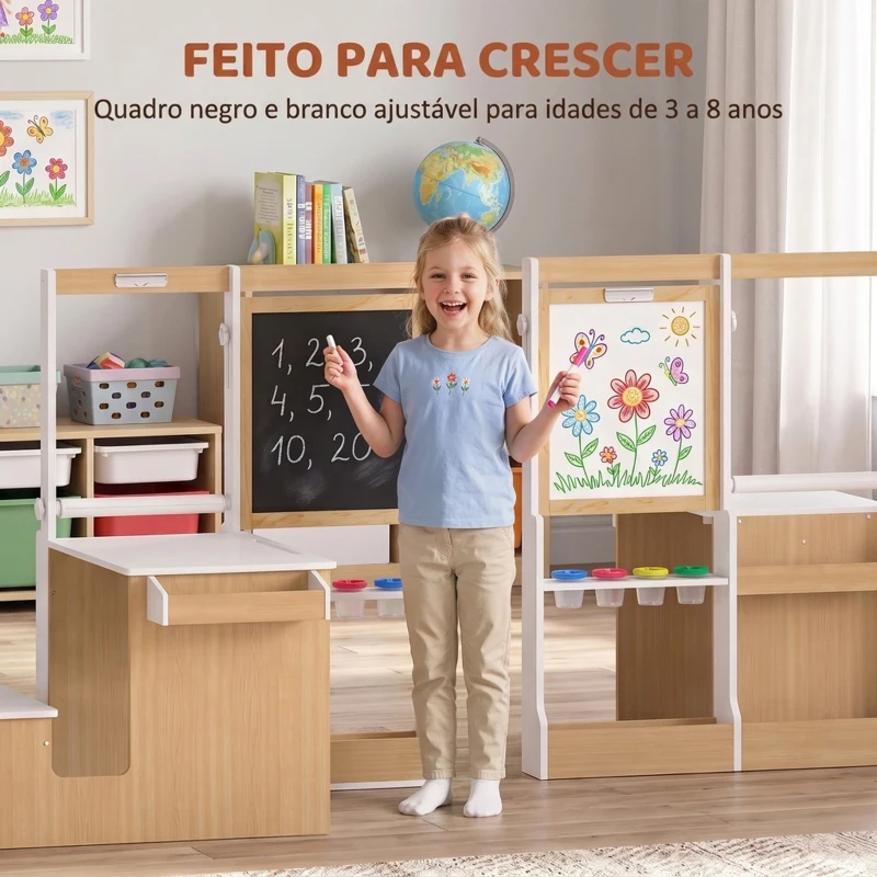AIYAPLAY Mesa Infantil com Banco 5 em 1 com Quadro de Giz/Branco, Rolo de Papel, Arrumação, 4 Copos para Tinta, 3-8 Anos, Branco