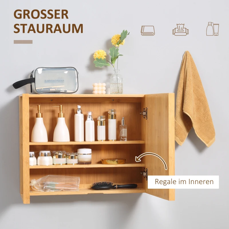 kleankin Badkamerkast met spiegeldeuren, meerdere binnenvakken, robuuste behuizing van bamboehout, 65,2 x 14 x 50 cm