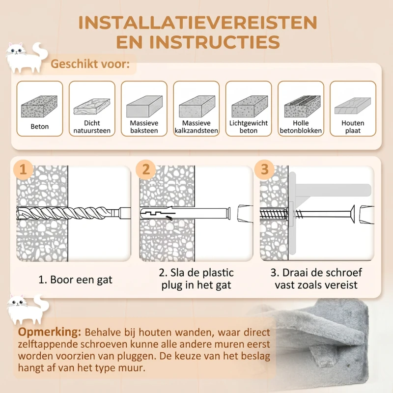 PawHut Klimwand-Set voor Katten, Hangmat, Krabplank, Springplatforms, Pluche, Sisal, Grijs